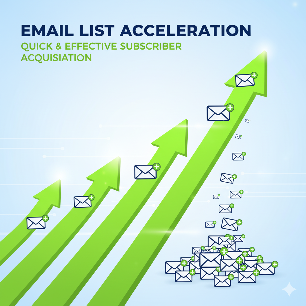 A graphic illustrating rapid email list growth with green upward-trending arrows and email icons, symbolizing quick and effective subscriber acquisition from a secret source.